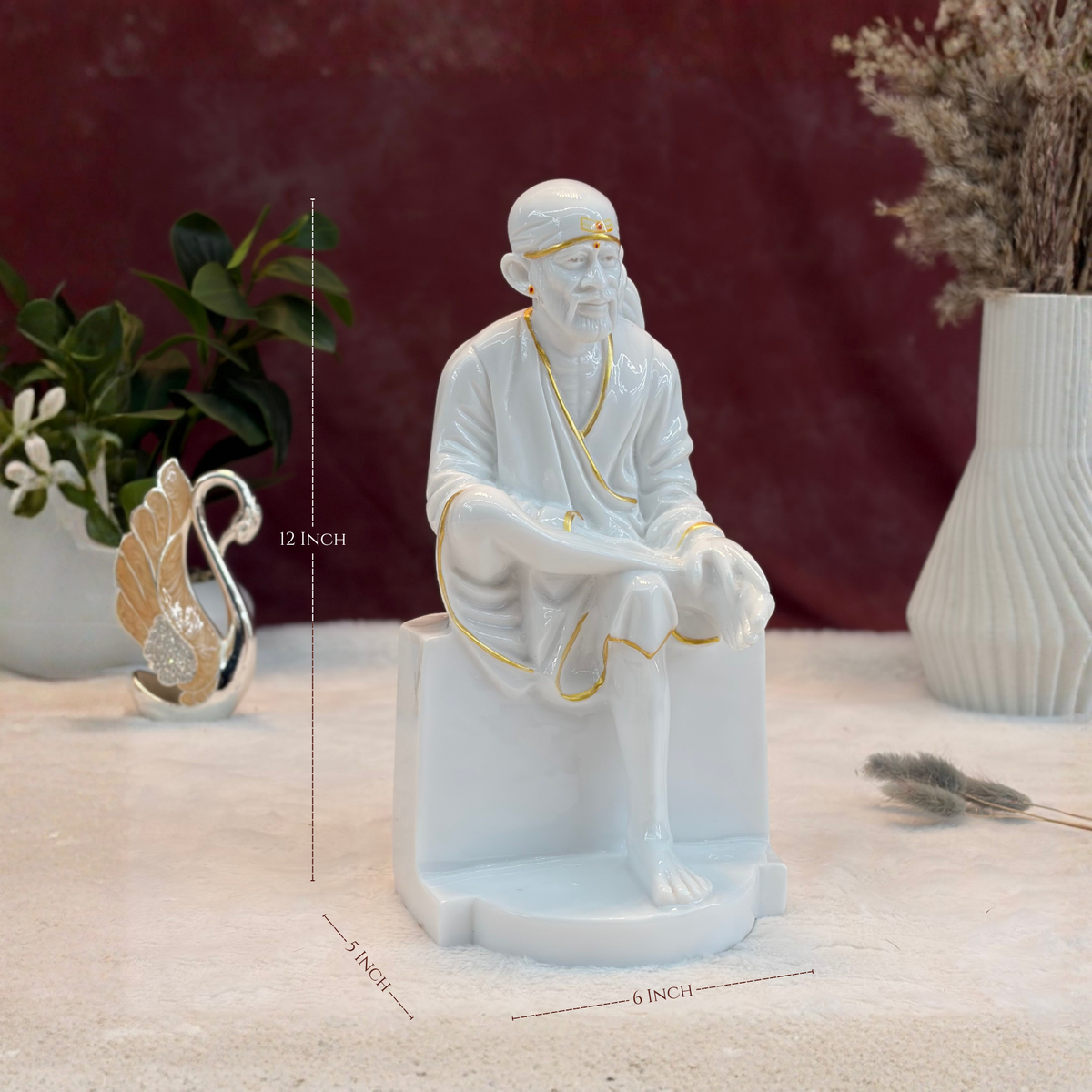 12 Inch Sai Baba Marble Statue | Glossy Finish with Gold Lining | Sai Divya