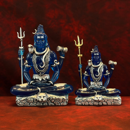 Silver Plated Sitting Mahadev Idol with Blue Crystal | Premium Divine Décor