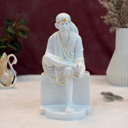 12 Inch Sai Baba Marble Statue | Glossy Finish with Gold Lining | Sai Divya