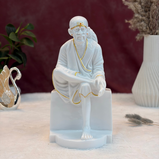 12 Inch Sai Baba Marble Statue | Glossy Finish with Gold Lining | Sai Divya