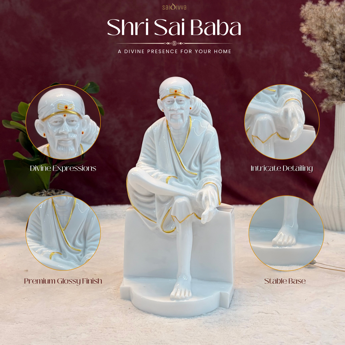 12 Inch Sai Baba Marble Statue | Glossy Finish with Gold Lining | Sai Divya
