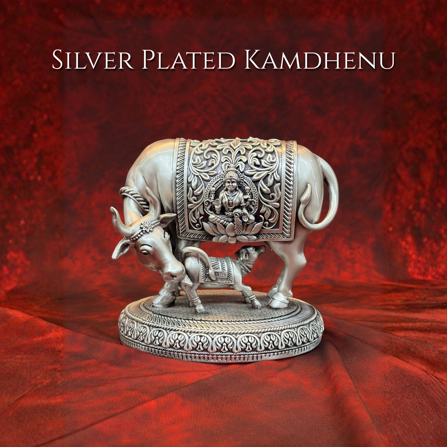 Silver Plated Kamdhenu Idol with Lakshmi Engraving | Premium Divine Décor