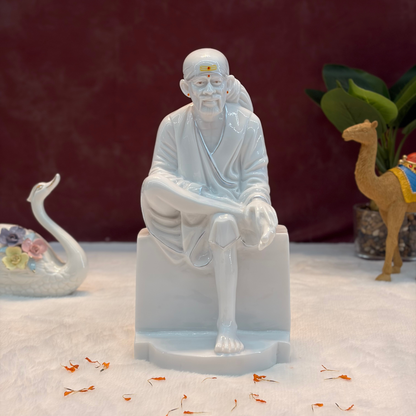 12 Inch Sai Baba Marble Statue | Glossy Finish with Silver Lining | Sai Divya
