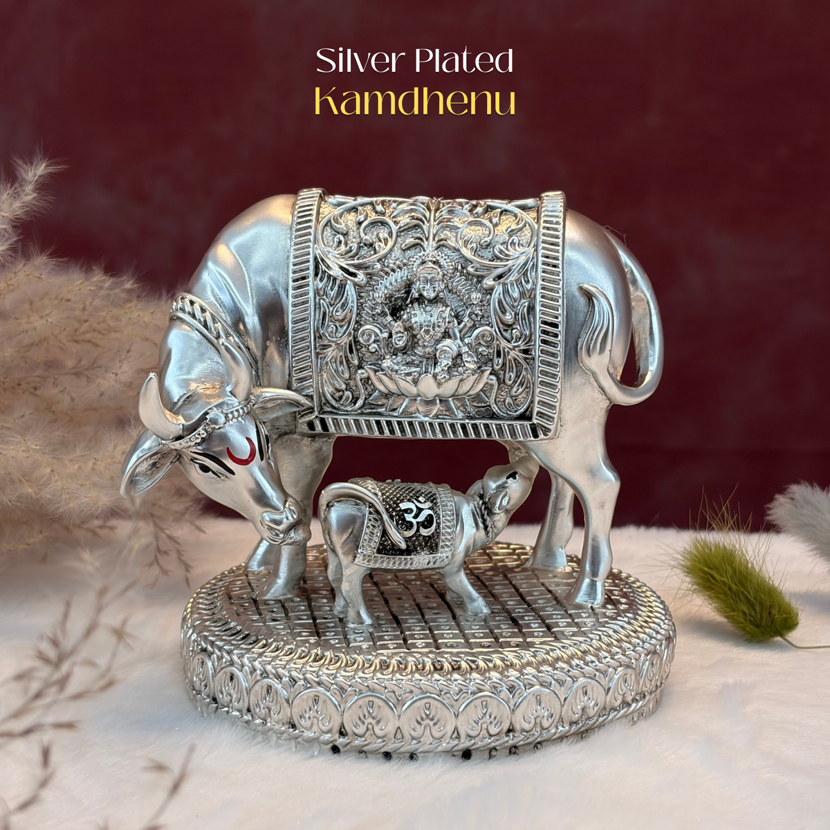Silver Plated Kamdhenu Cow & Calf Idol | Premium Divine Décor