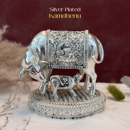 Silver Plated Kamdhenu Cow & Calf Idol | Premium Divine Décor