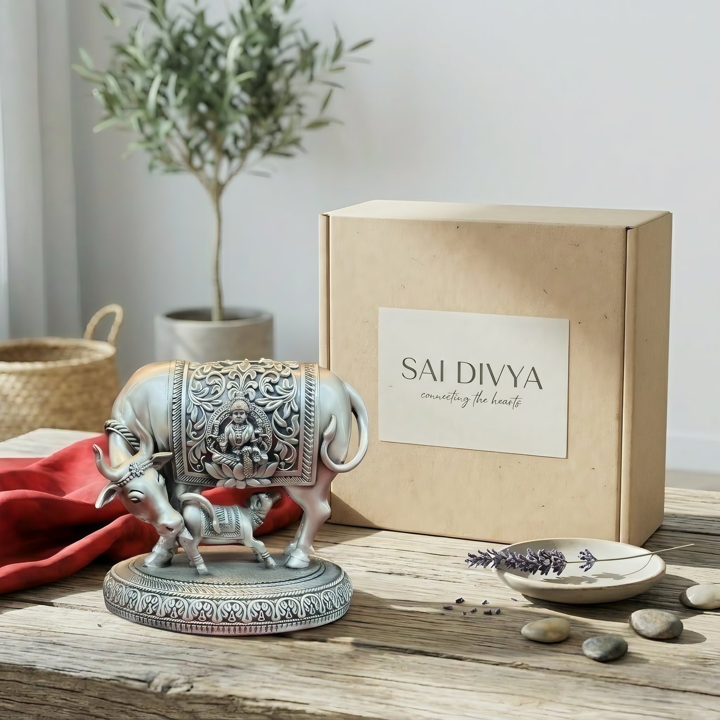 Silver Plated Kamdhenu Idol with Lakshmi Engraving | Premium Divine Décor