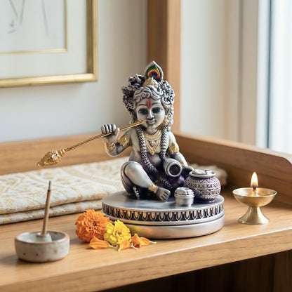 Silver Plated Makhan Krishna Idol | Premium Divine Décor