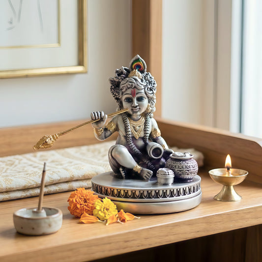 Silver Plated Makhan Krishna Idol | Premium Divine Décor