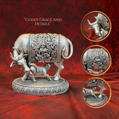 Silver Plated Kamdhenu Idol with Lakshmi Engraving | Premium Divine Décor