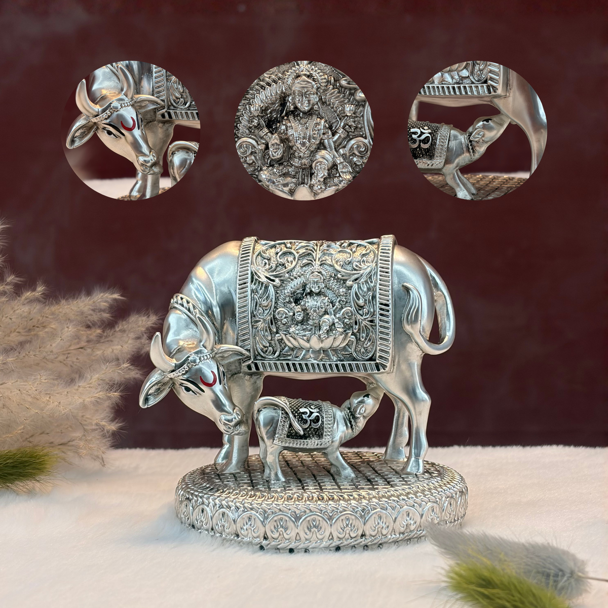 Silver Plated Kamdhenu Cow & Calf Idol | Premium Divine Décor