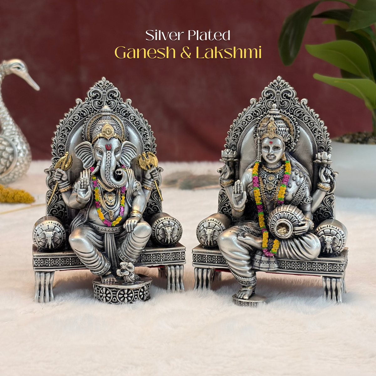 Silver Plated Ganesh Lakshmi Singhasan Idol Set | Premium Divine Décor