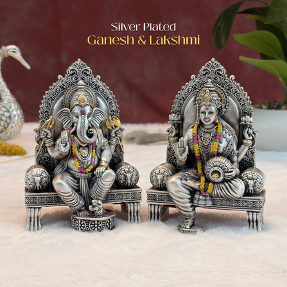 Silver Plated Ganesh Lakshmi Singhasan Idol Set | Premium Divine Décor