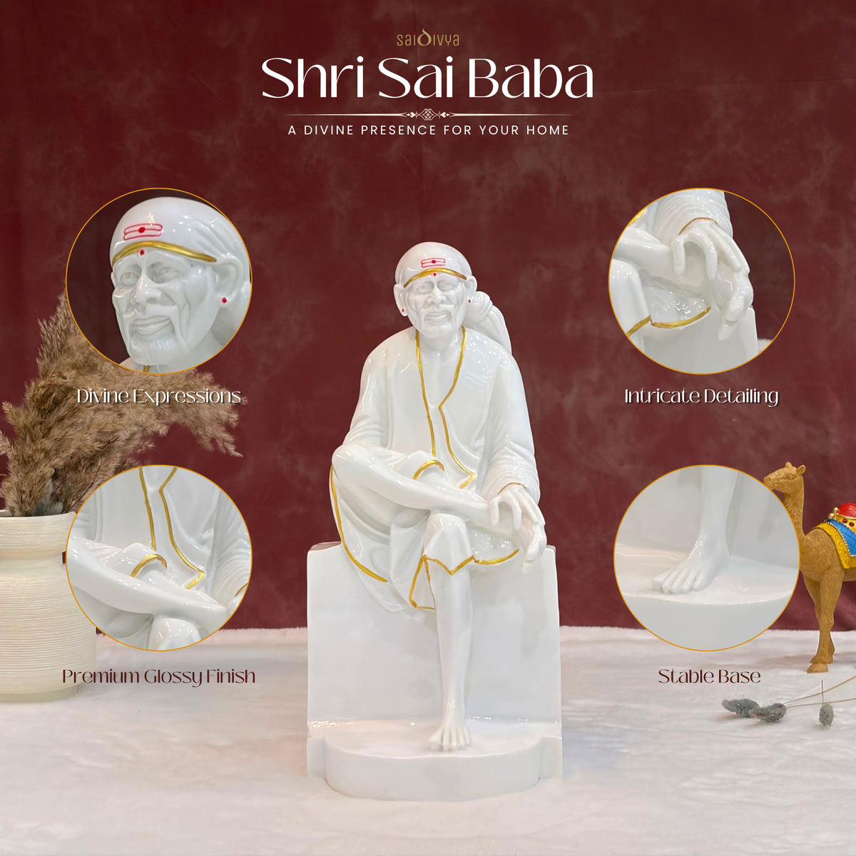 18 Inch Sai Baba Glossy Marble Statue with Golden Lining