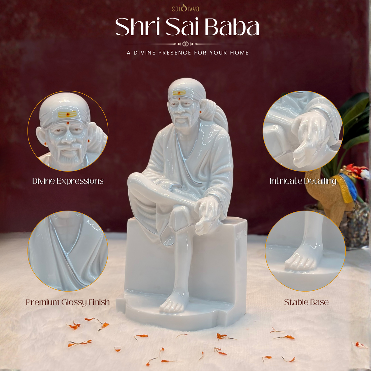 12 Inch Sai Baba Marble Statue | Glossy Finish with Silver Lining | Sai Divya
