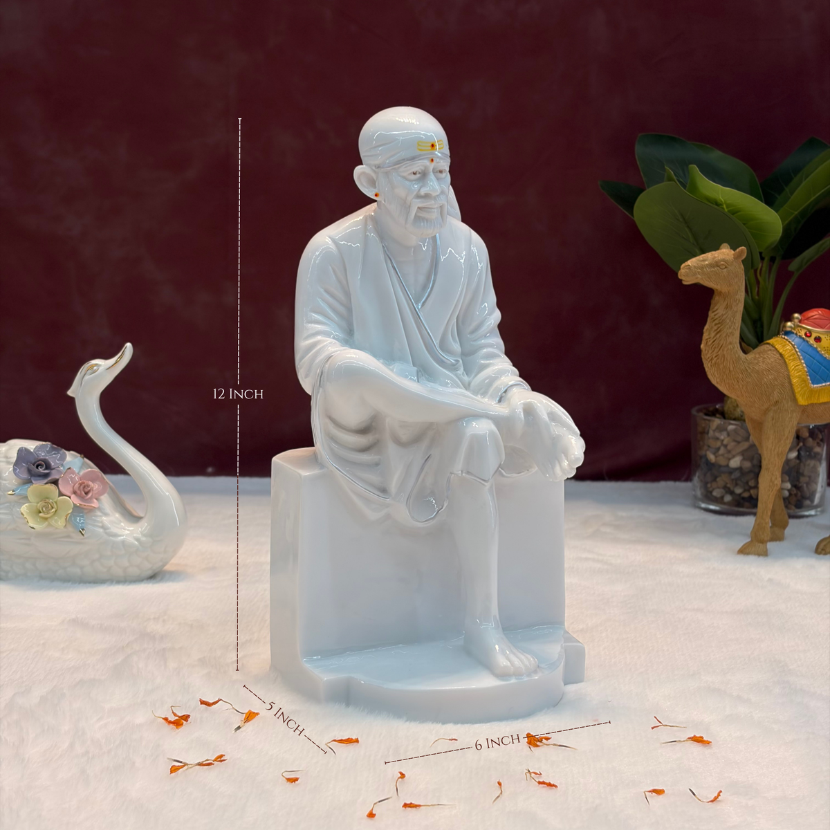12 Inch Sai Baba Marble Statue | Glossy Finish with Silver Lining | Sai Divya