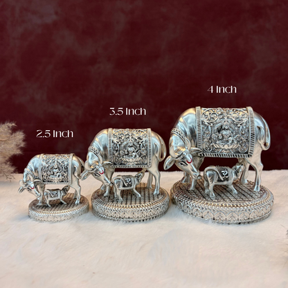 Silver Plated Kamdhenu Cow & Calf Idol | Premium Divine Décor