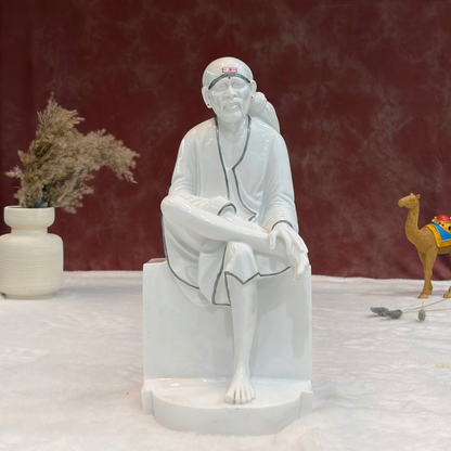 18 Inch Sai Baba Glossy Marble Statue with Silver Lining