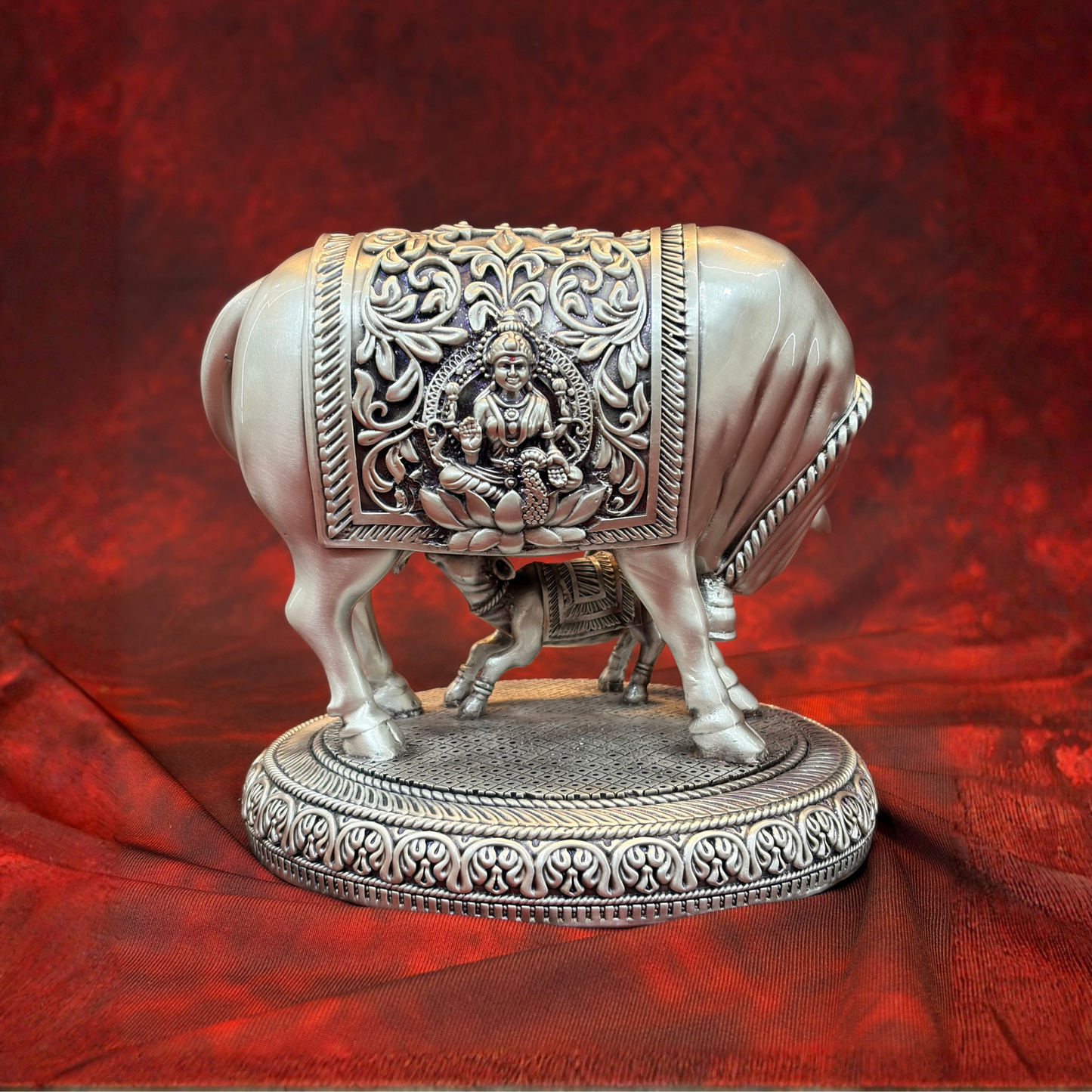 Silver Plated Kamdhenu Idol with Lakshmi Engraving | Premium Divine Décor