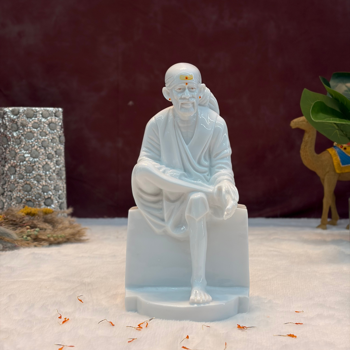 12 Inch Sai Baba Marble Statue | Glossy Finish with Chandan | Sai Divya