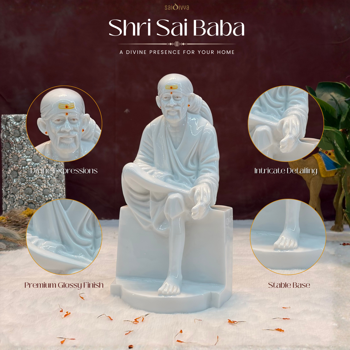 12 Inch Sai Baba Marble Statue | Glossy Finish with Chandan | Sai Divya