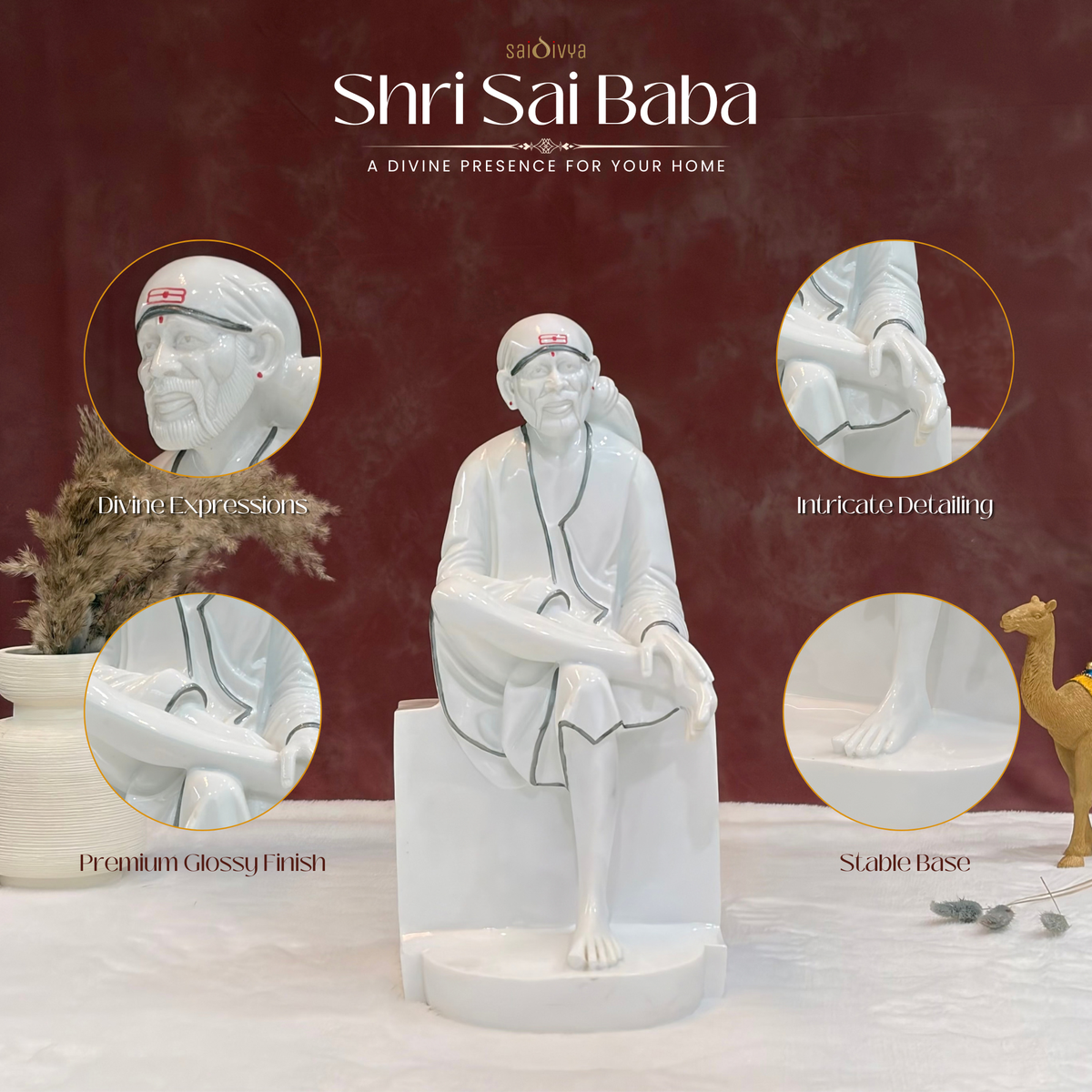18 Inch Sai Baba Glossy Marble Statue with Silver Lining