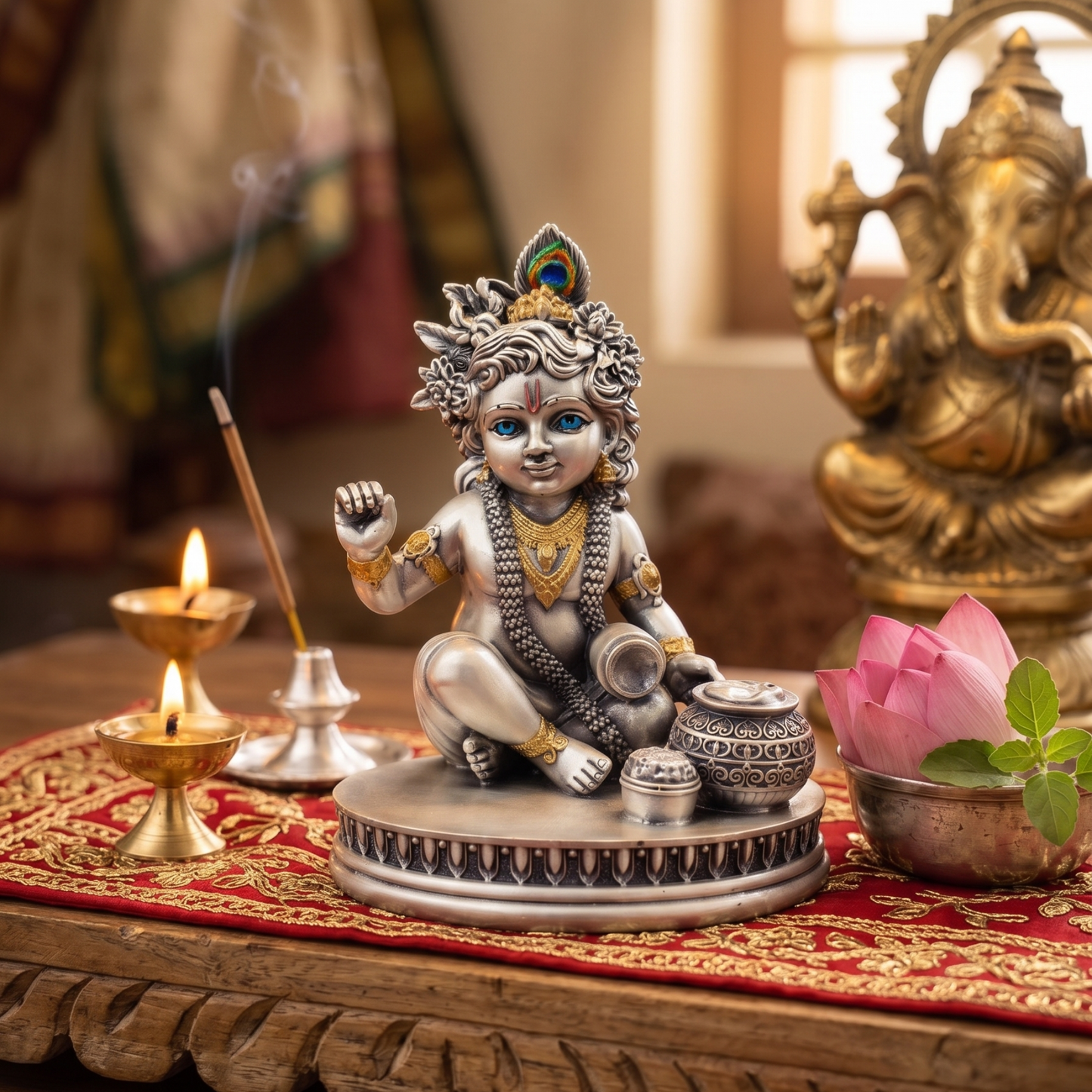 Silver Plated Makhan Krishna Idol | Premium Divine Décor