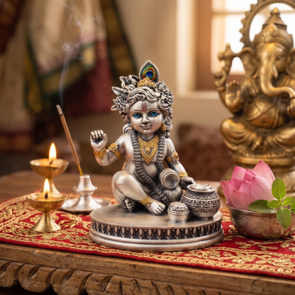 Silver Plated Makhan Krishna Idol | Premium Divine Décor