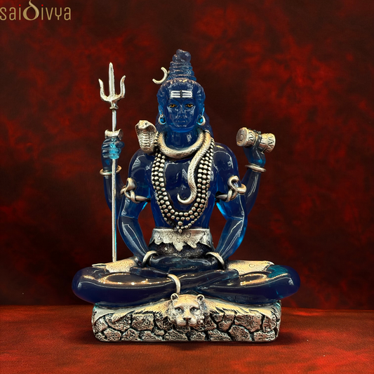 Silver Plated Sitting Mahadev Idol with Blue Crystal | Premium Divine Décor