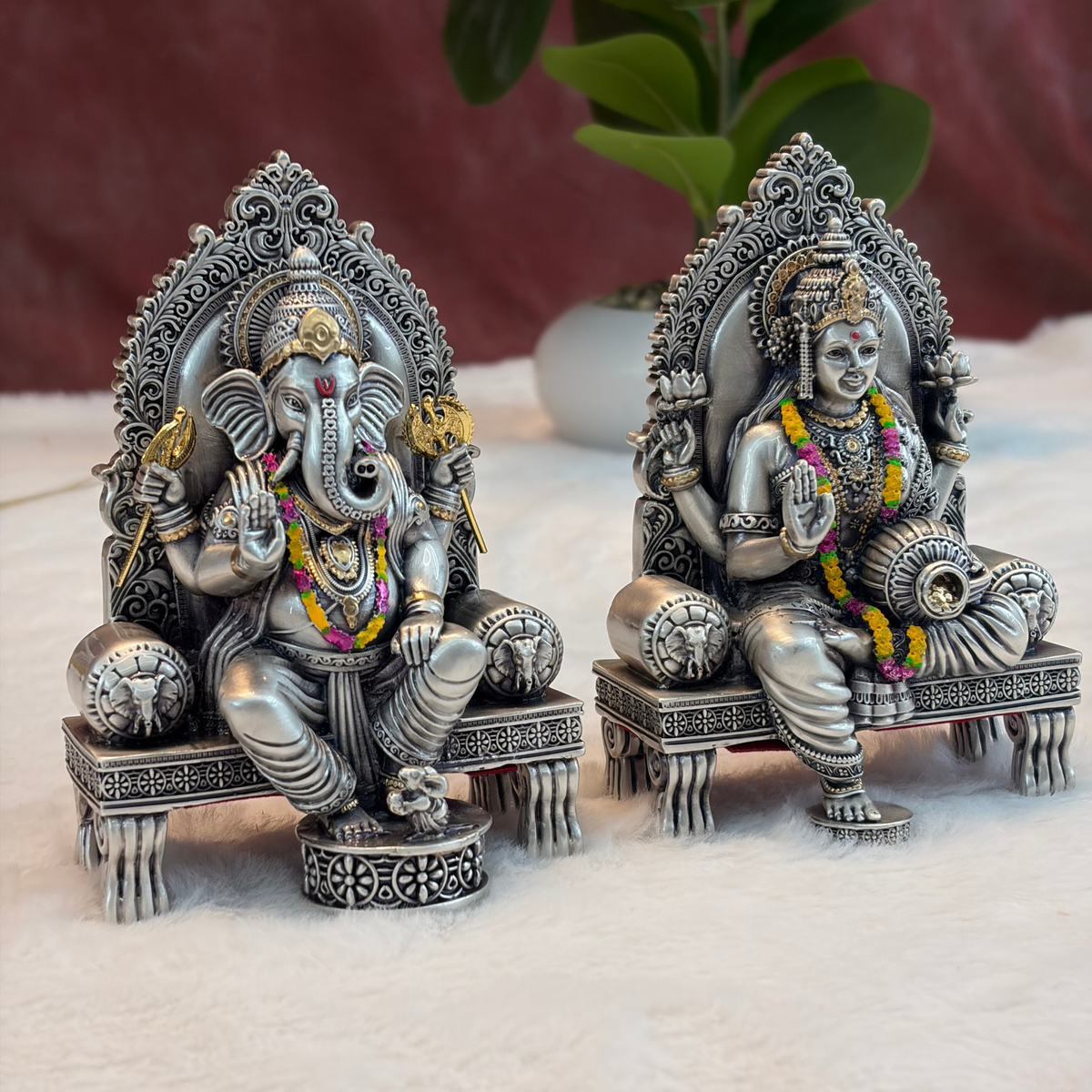 Silver Plated Ganesh Lakshmi Singhasan Idol Set | Premium Divine Décor