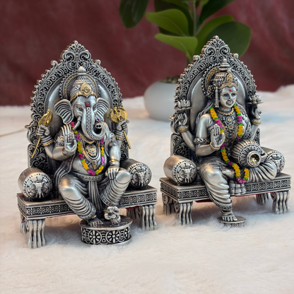 Silver Plated Ganesh Lakshmi Singhasan Idol Set | Premium Divine Décor