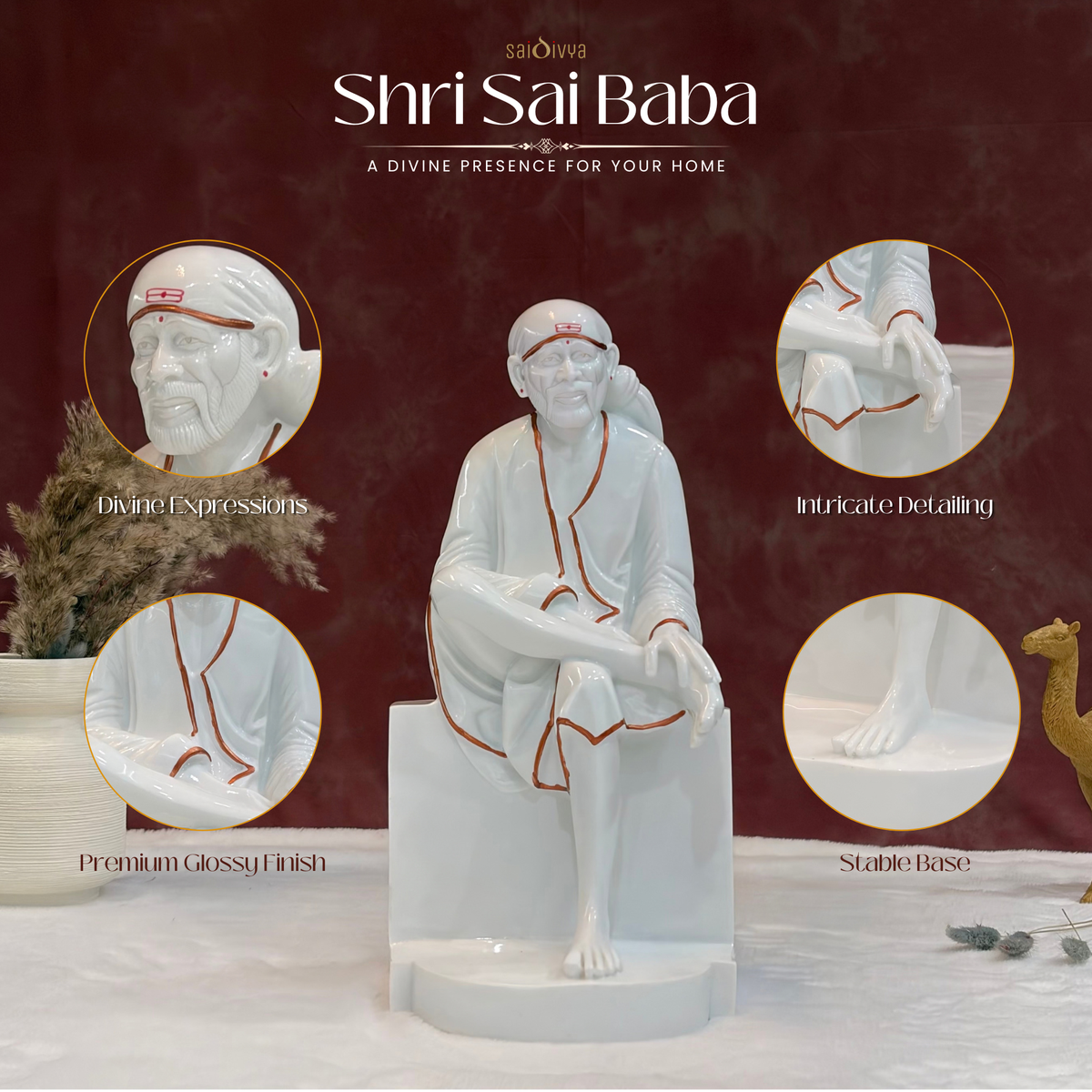 18 Inch Sai Baba Glossy Marble Statue with Copper Lining