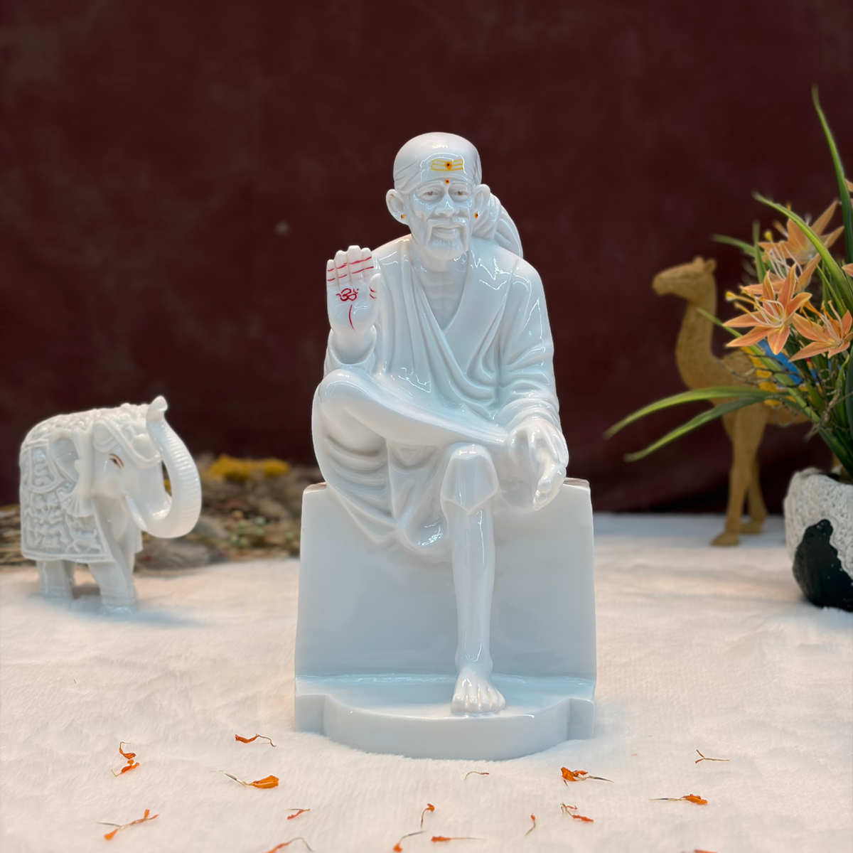 12 Inch Sai Baba Ashirwad Pose Marble Statue | Chandan Tilak | Sai Divya