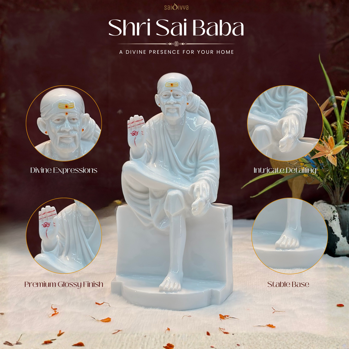 12 Inch Sai Baba Ashirwad Pose Marble Statue | Chandan Tilak | Sai Divya