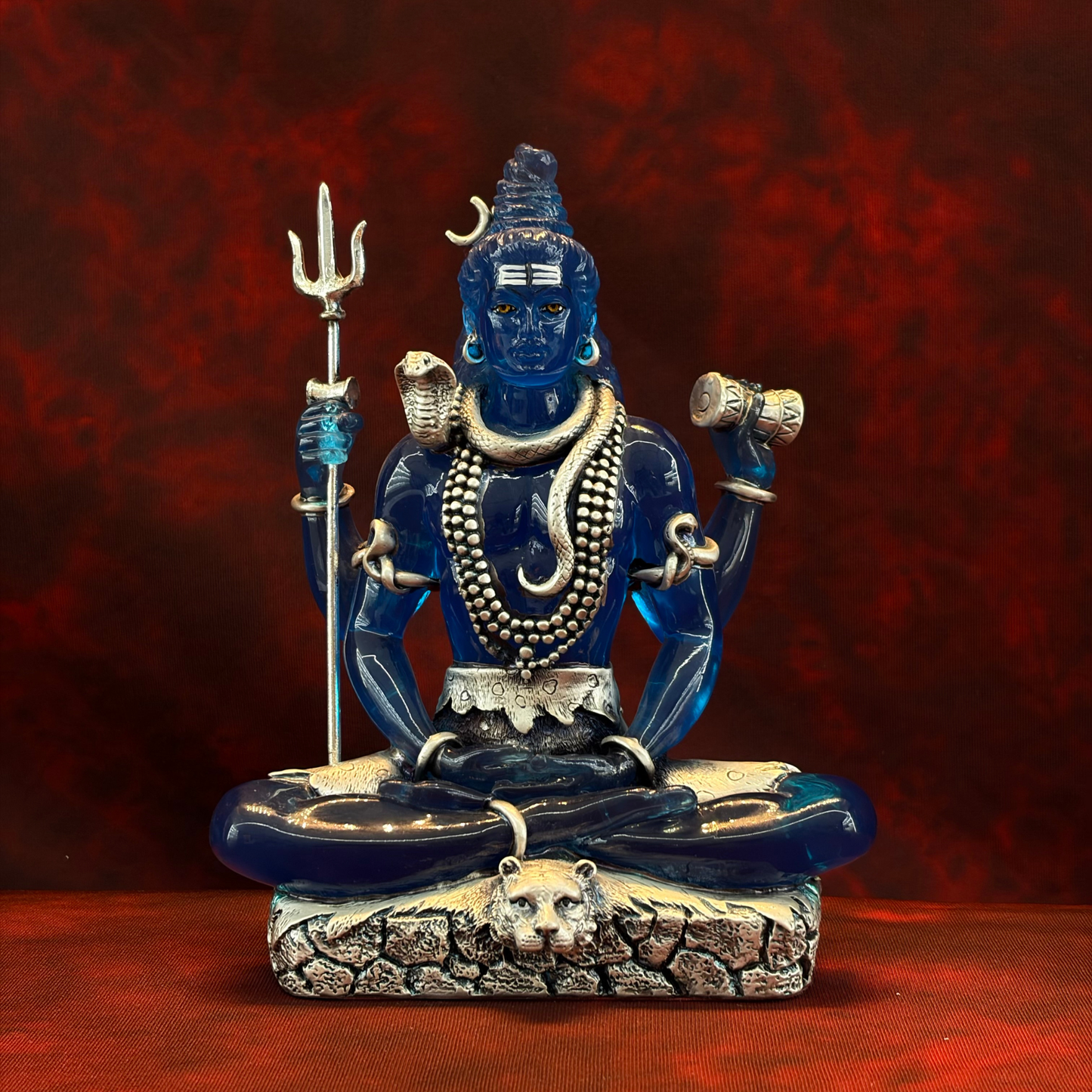 Silver Plated Sitting Mahadev Idol with Blue Crystal | Premium Divine Décor