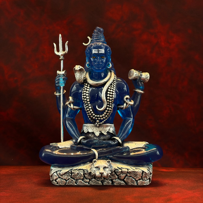 Silver Plated Sitting Mahadev Idol with Blue Crystal | Premium Divine Décor