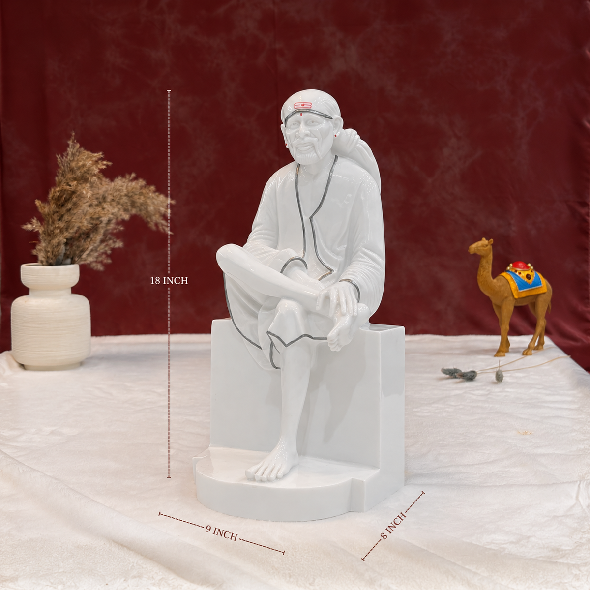 18 Inch Sai Baba Glossy Marble Statue with Silver Lining