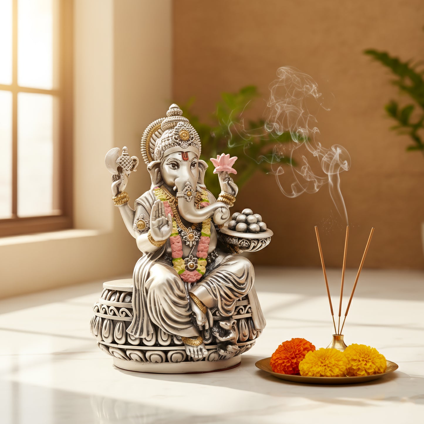 Silver Ganesha Idol – Silver & Gold Finish (13 cm)