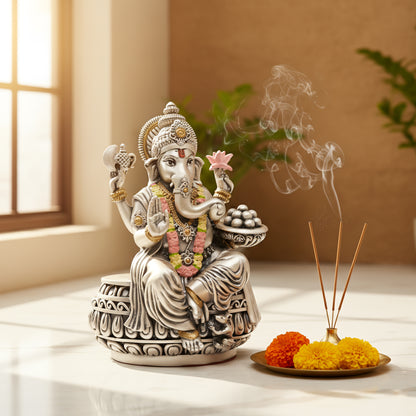 Silver Ganesha Idol – Silver & Gold Finish (13 cm)