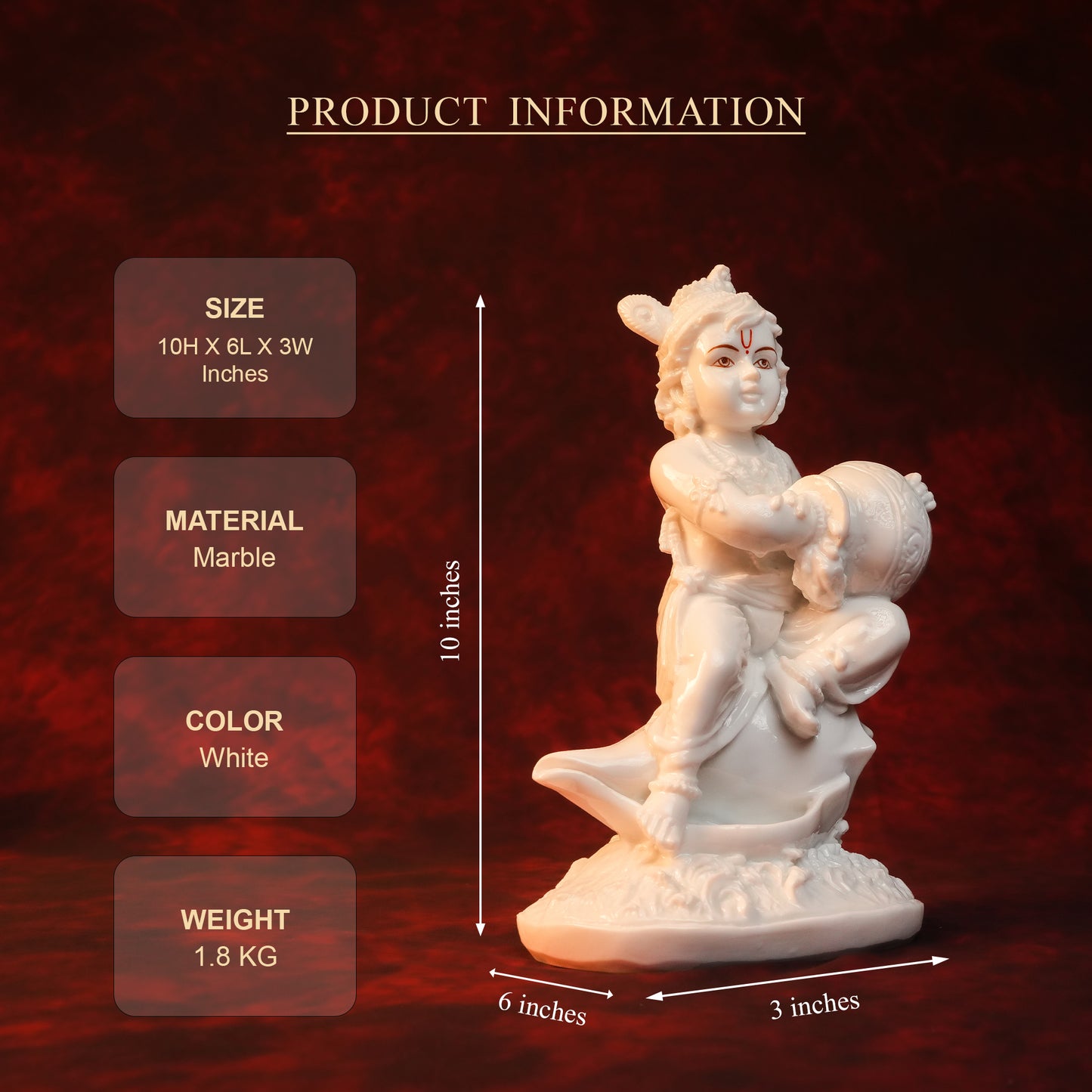 Bal Krishna on Shankh Idol – White Glossy Finish (10 Inch)