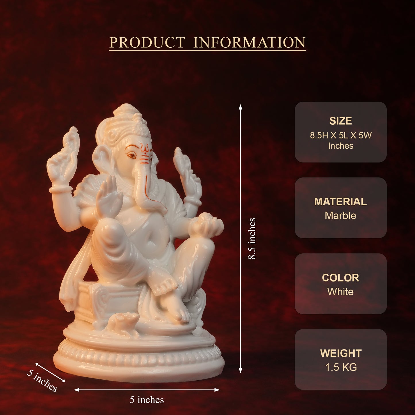 Ganpati Rajadhiraj Idol – White Glossy Finish (8.5 Inch)