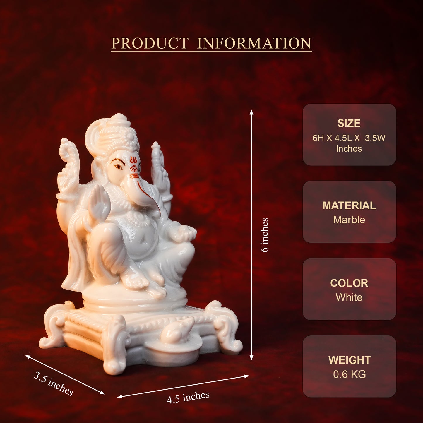 Ganpati Rajadhiraj Idol – White Glossy Finish (6 Inch)