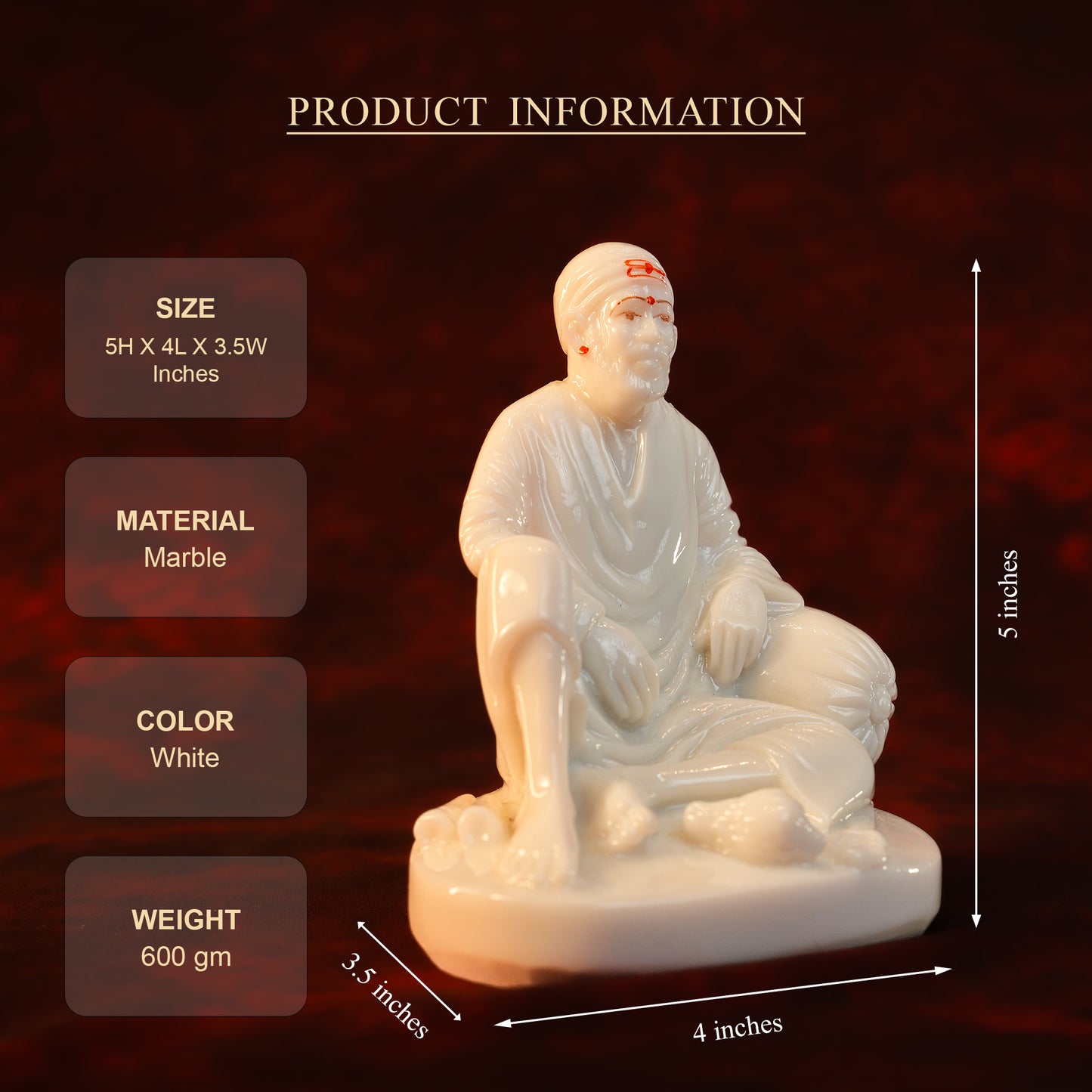 Sai Divya Dwarkamai Idol – 5 Inch Murti, Plain White Glossy Finish | Decorative Statue for Home Mandir & Gifting