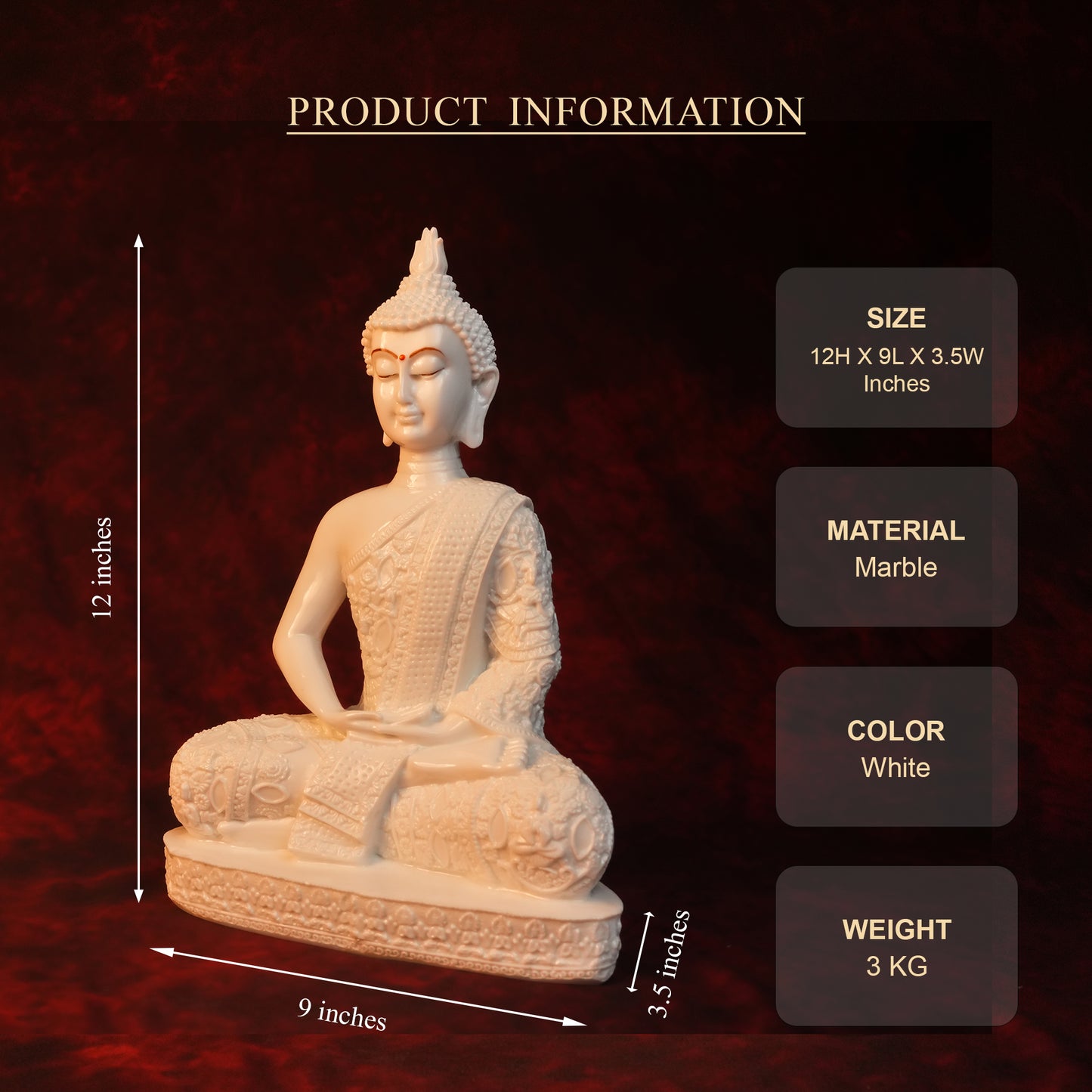 Dhyan Buddha Idol – Plain White Glossy Finish (12 Inch)