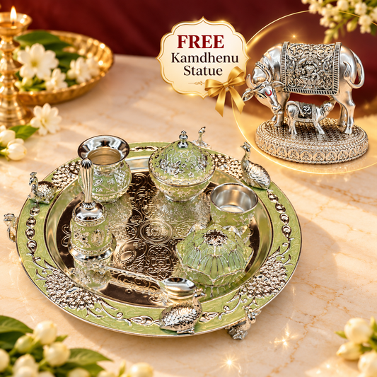 Silver Plated Pooja Thali Set with FREE Kamdhenu Idol | Premium Diwali Pooja & Gifting