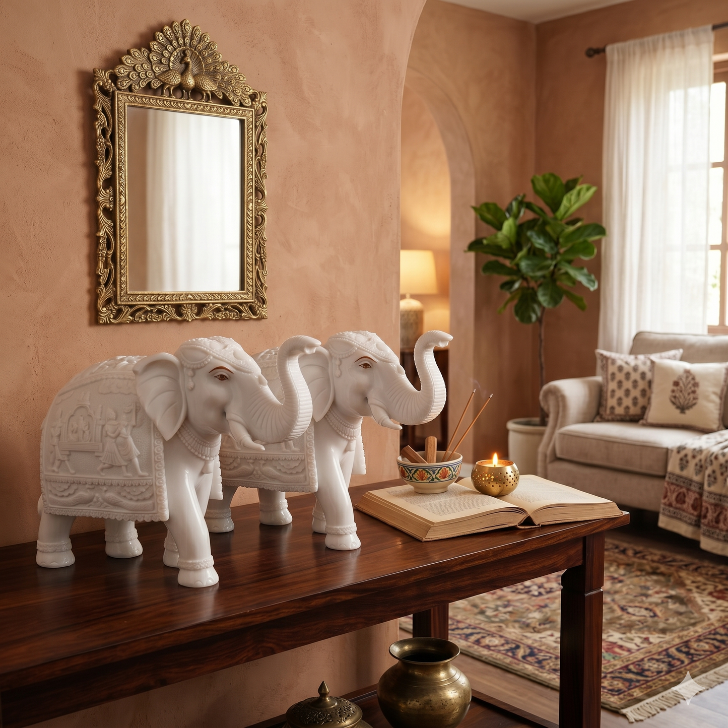 Decorative Elephant Set – Pair of 2 White Glossy Statues (12 Inch)