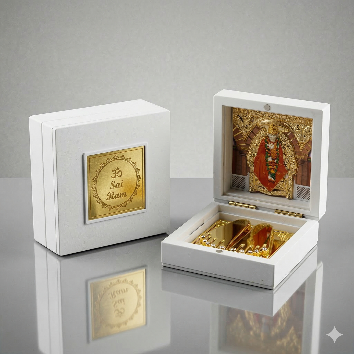 Sai Baba Charan Box – Portable Samadhi (3x3 Inch, White)