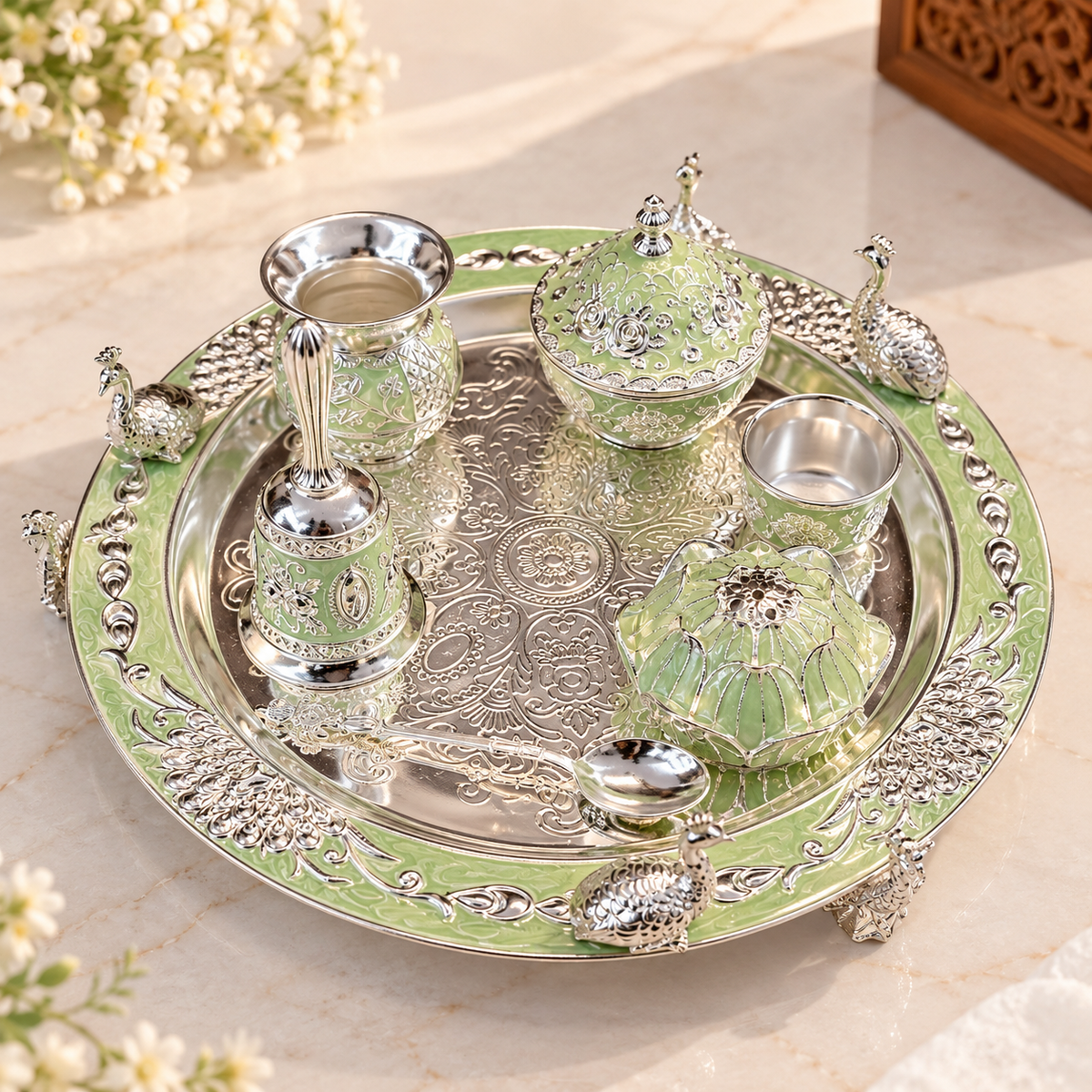 Silver Plated Pooja Thali Set | Premium Diwali Pooja & Gifting