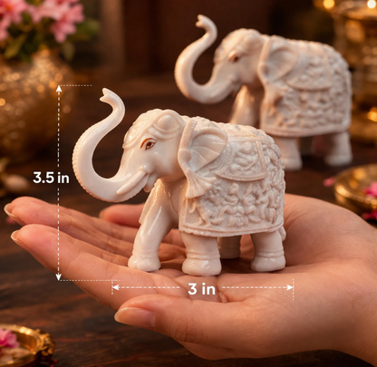 Decorative Elephant Set – Pair of 2 White Glossy Statues (3.5 Inch)