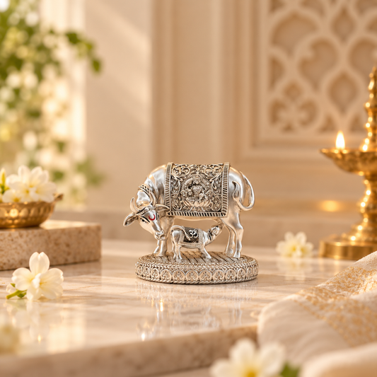 Silver Plated Kamdhenu Cow & Calf Idol | Premium Divine Décor