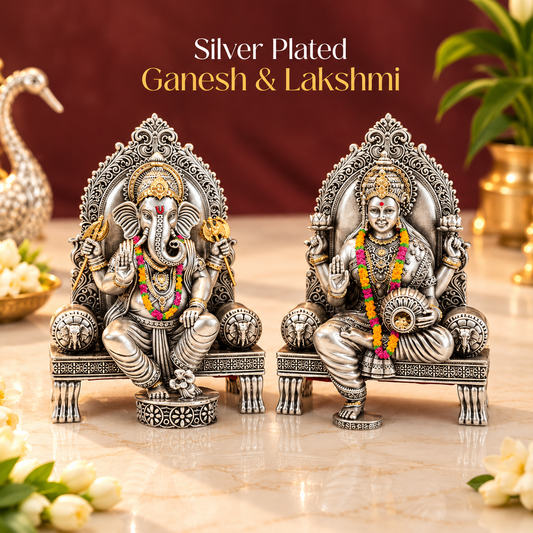 Silver Plated Ganesh Lakshmi Singhasan Idol Set | Premium Divine Décor